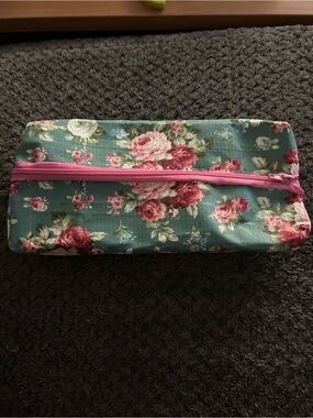 Hand Crafted Floral Pencil Case - Teal with Pink Roses